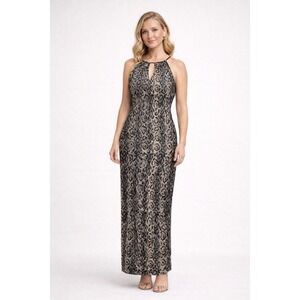 Alex Evenings Maxi Dress Womens 4 Black Beige Snakeskin Metallic Halter Formal